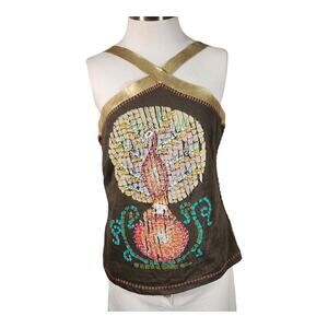 Summer Tank Top Featuring Artsy Mosaic Phesant On Olive Beige Knit Gold Straps